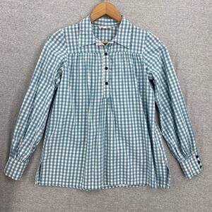 Kayce Hughes Blouse Womens 2 Teal Checkered 1/2 Button Up Collared Long Sleeve